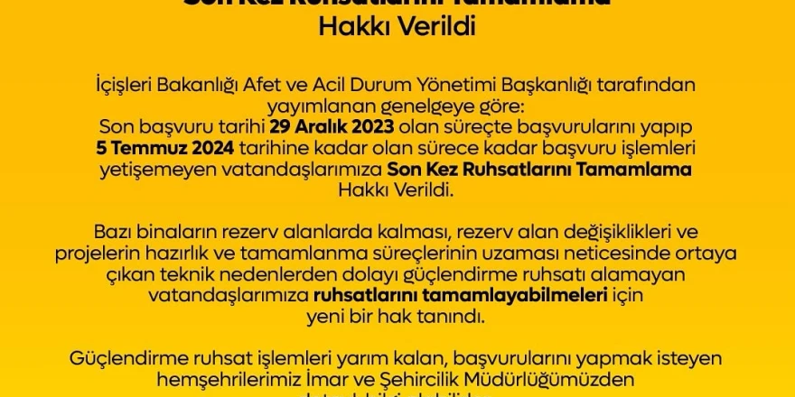 İçişleri Bakanlığı, Orta Hasarlı Binaların Ruhsat Başvuru Tamamlama Süresini Son Kez Uzattı